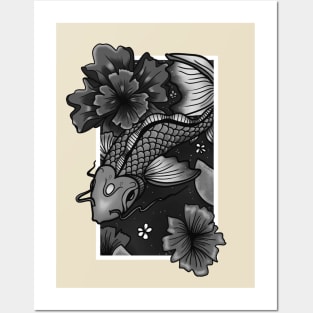 Koi Fish Gliding Through Water and Flowers - Grey Edition Posters and Art